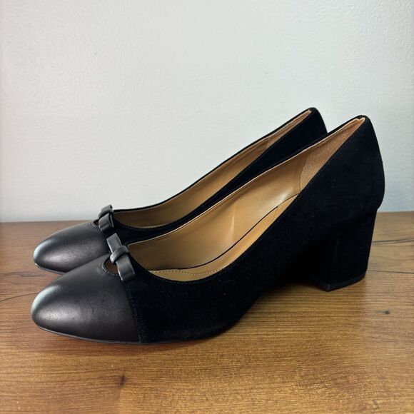 Talbots Isa Cut Out Pumps Black Suede Block Heel Size 8.5 Bows Classic Old Money - Picture 2 of 12